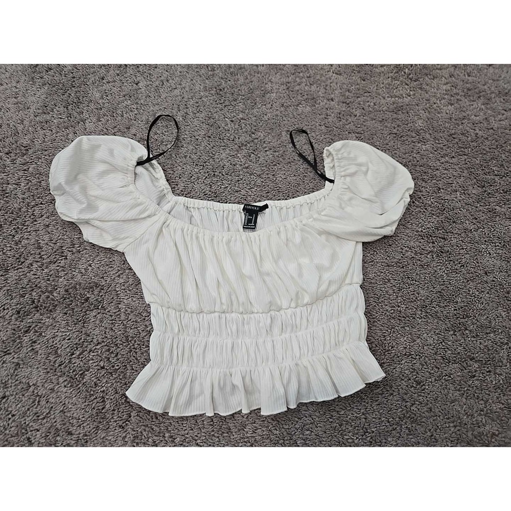Forever 21 Crop Top Womens M White Off Shoulder Smocked Puff Sleeve Boho Y2k